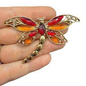 Vintage 1980s Red Marquise Rhinestones gold tone Butterfly Brooch